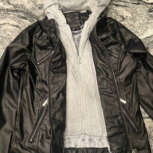 J2 (Jou Jou) faux leather moto jacket with attached grey sweatshirt hood Size Sm